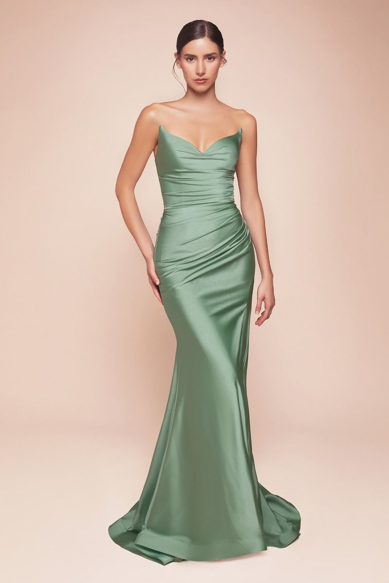 Strapless Stretch Satin Fitted Gown – Sleek Formal Evening Dress for Weddings & Special Occasions