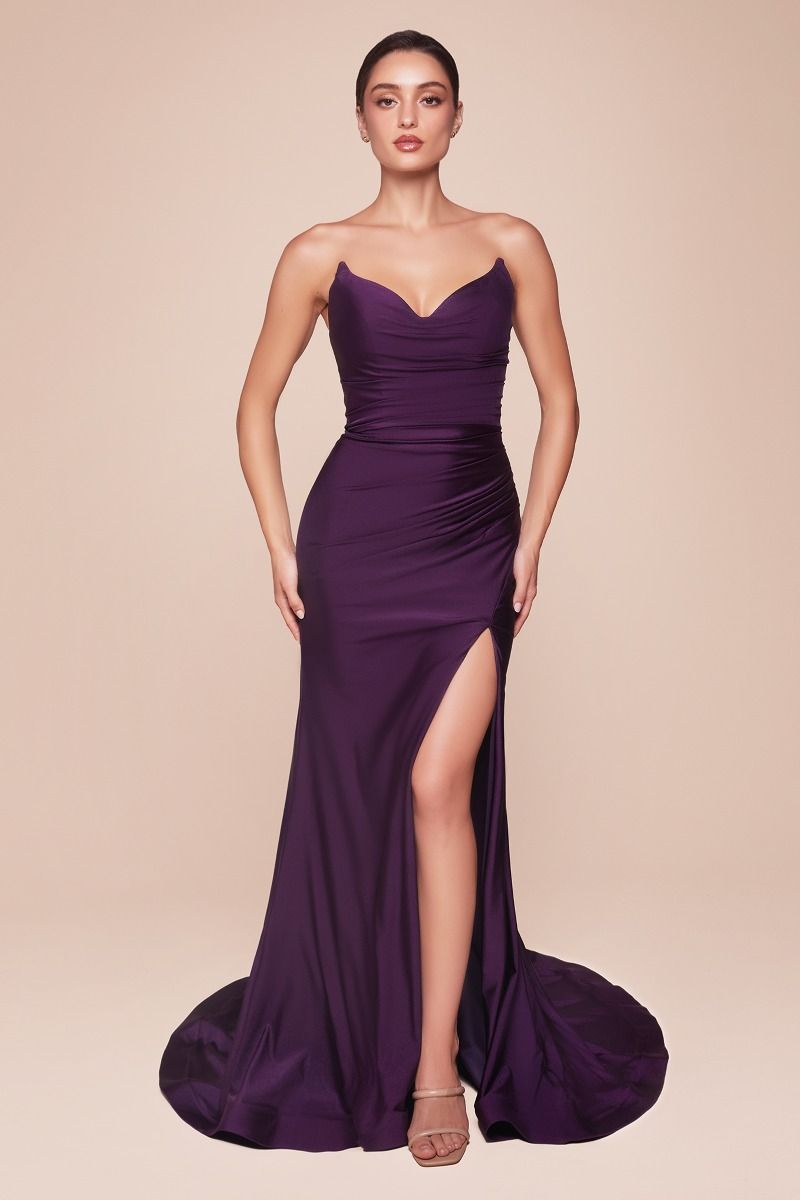Strapless Stretch Satin Fitted Gown – Sleek Formal Evening Dress for Weddings & Special Occasions