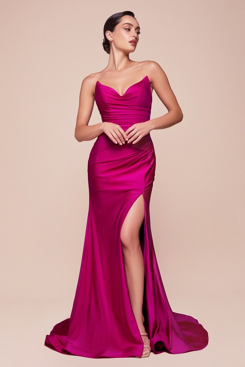 Strapless Stretch Satin Fitted Gown – Sleek Formal Evening Dress for Weddings & Special Occasions