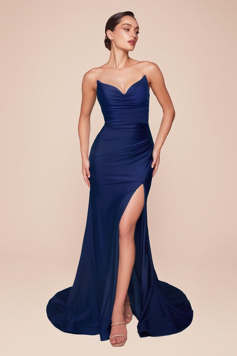 Strapless Stretch Satin Fitted Gown – Sleek Formal Evening Dress for Weddings & Special Occasions