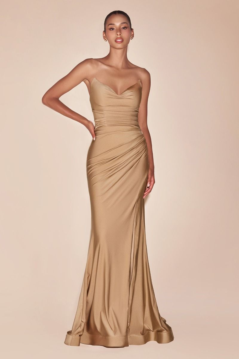 Strapless Stretch Satin Fitted Gown – Sleek Formal Evening Dress for Weddings & Special Occasions