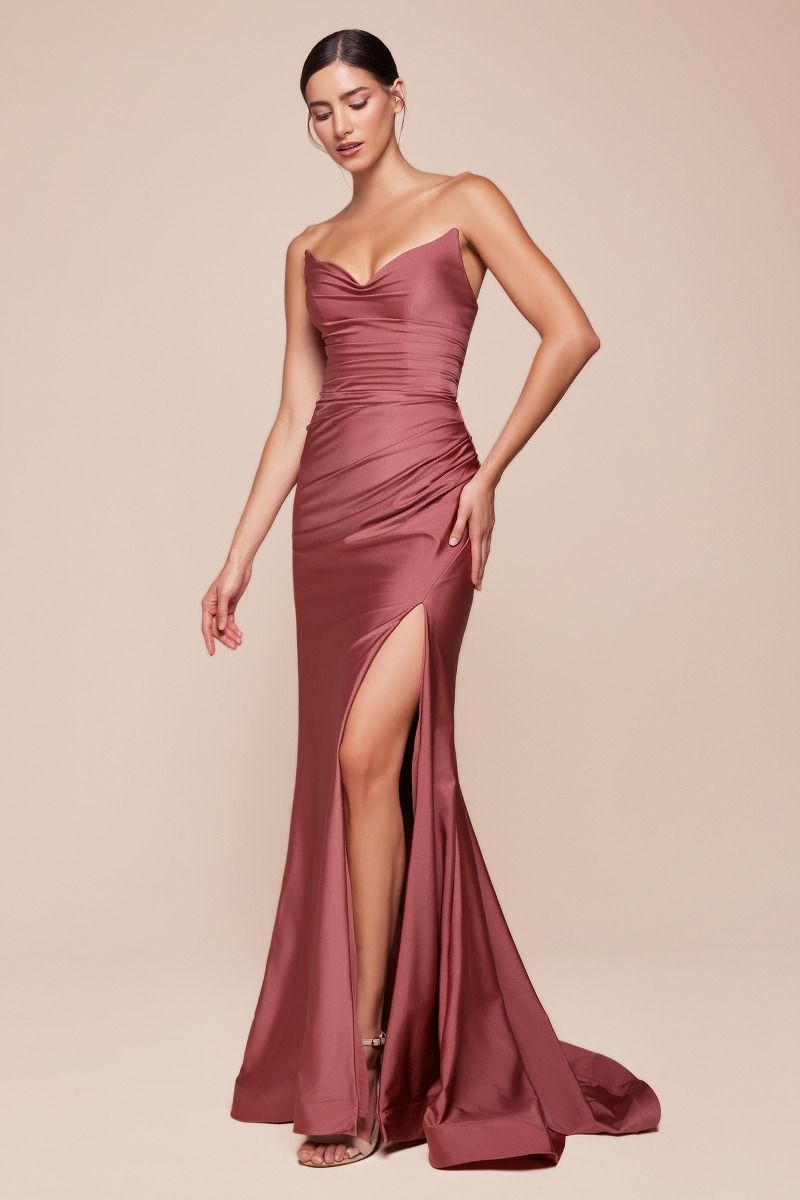 Strapless Stretch Satin Fitted Gown – Sleek Formal Evening Dress for Weddings & Special Occasions