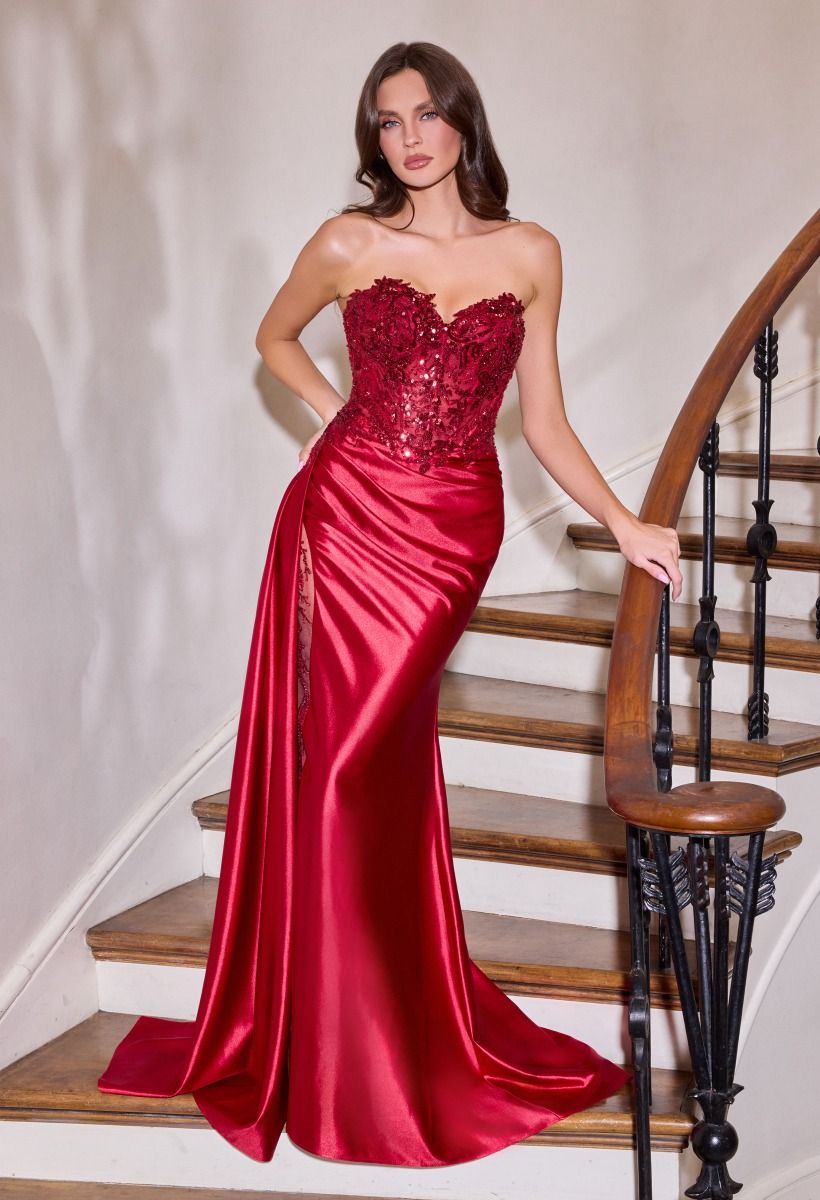Sequin Embellished Long Graduation Gown – Corset Bodice & Side Drape Formal Evening Dress