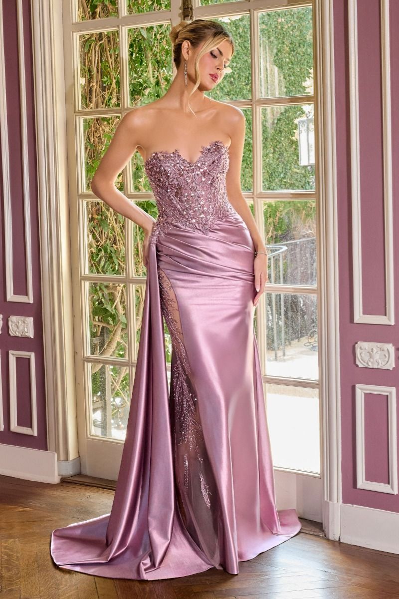 Sequin Embellished Long Graduation Gown – Corset Bodice & Side Drape Formal Evening Dress